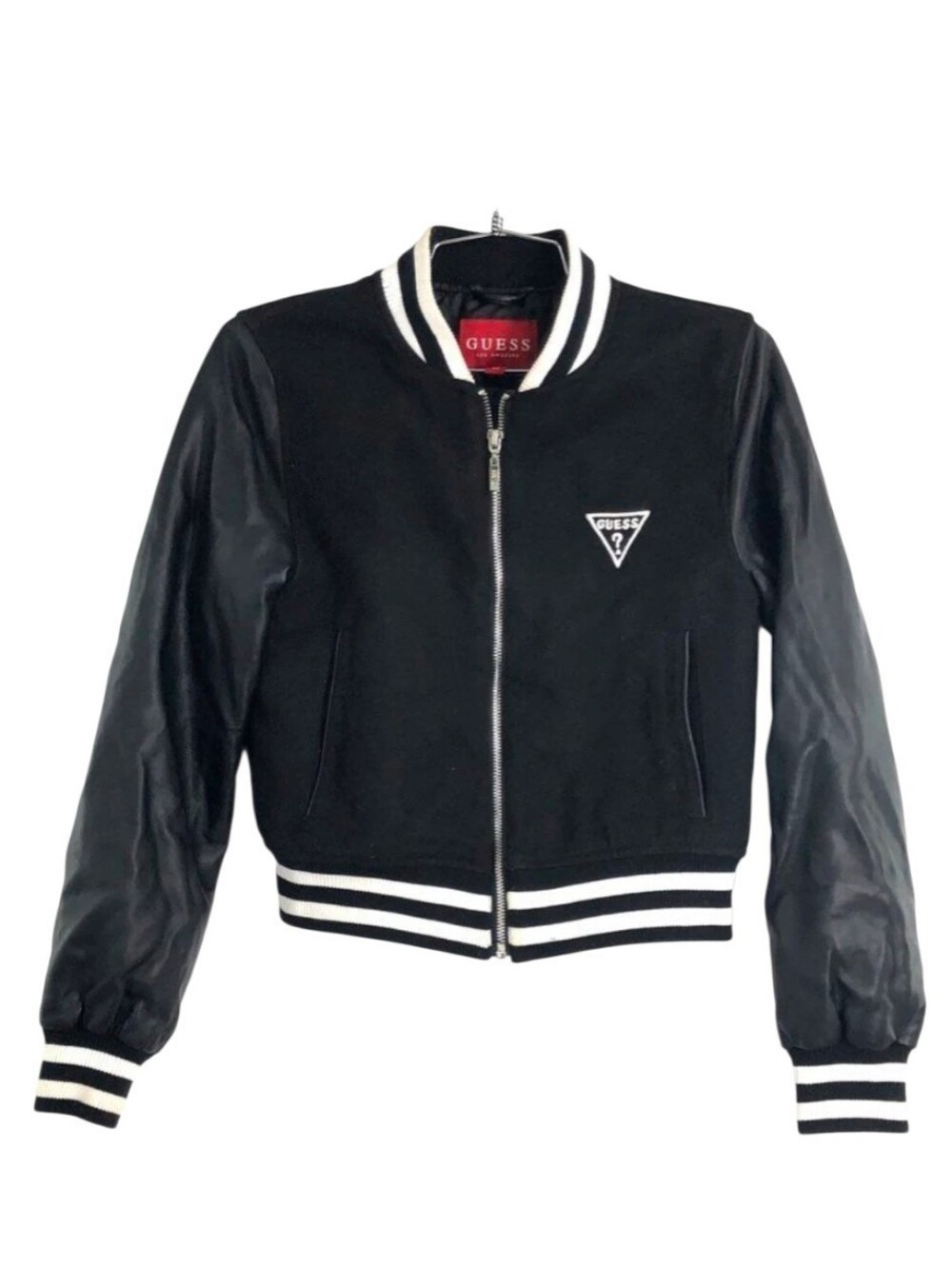 Guess Women's Black Varsity Bomber Jacket Faux Leather Sleeves Logo Back Sz XS